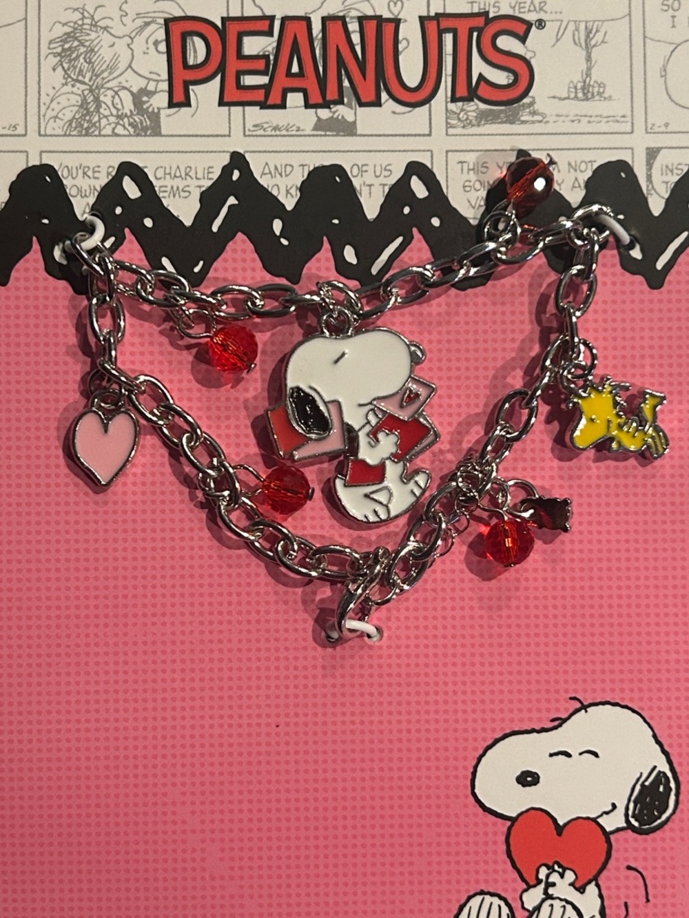 Peanuts Silver-tone Snoopy & Woodstock Charm Bracelet with Red and Pink Accents